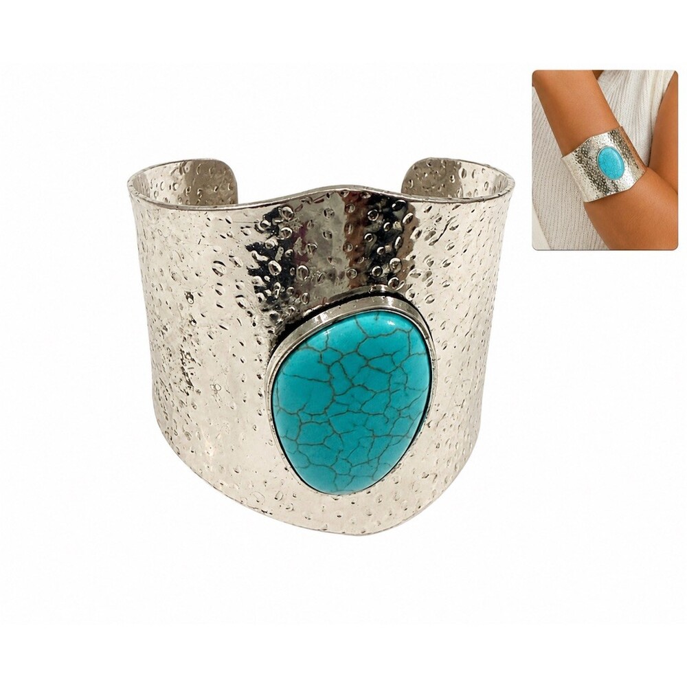 Western boho statement Bracelet Silver Hammered Wide Cuff Oval Turquoise stone